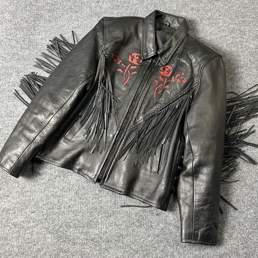 Leather Club Jacket Womens Medium Black Fringe Leather Motorcycle Rose Western - Picture 1 of 8